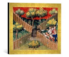 Gerahmtes Bild von Pariser Werkstatt Buchmalerei Wildschweinjagd m. Falle/Livre de Chasse, Kunstdruck im hochwertigen handgefertigten Bilder-Rahmen, 40x30 cm, Gold Raya