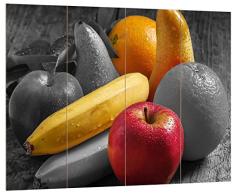 Pixxprint Frisches Obst auf Holztisch schwarz/weiß, MDF Bretterlook Format: 80x60cm, Wanddekoration Holzbild, Holz, bunt, 80 x 60 x 2 cm