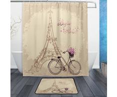 Romantische French Paris Eiffelturm Wasserdicht Polyester Stoff Vorhang für die Dusche (152,4 x 182,9 cm) Set mit 12 Haken und Bad-Teppiche Teppiche (59,9 x 39,9 cm) rutschfeste für Badezimmer – Set von 2