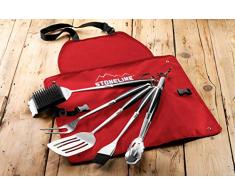 STONELINE Grillbesteck-Set, 6-teilig, Edelstahl, in roter Tasche (Tasche als Grillschürze nutzbar)