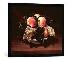 Gerahmtes Bild von Carlo Francesco Nuvolone Stilleben mit Pfirsichen und Trauben in Einer Majolikaschale und Bienen, Kunstdruck im hochwertigen handgefertigten Bilder-Rahmen, 70x50 cm, Schwarz matt