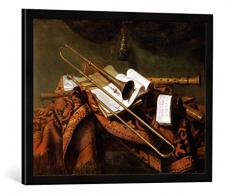 Gerahmtes Bild von Franz Friedrich Franck Stilleben mit Trompete und Flöte, Kunstdruck im hochwertigen handgefertigten Bilder-Rahmen, 70x50 cm, Schwarz matt