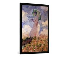 Gerahmtes Bild von Claude Monet Frau mit Sonnenschirm, nach Links gewendet, Suzanne Hoschedé, Kunstdruck im hochwertigen handgefertigten Bilder-Rahmen, 70x100 cm, Schwarz matt