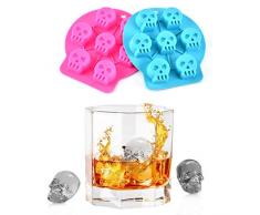 Hillento 3D Schädel Eisform, Silikon Schädel geformte Eiswürfelschale Macht Vier lebendige Schädel, Eiswürfelschale für Whisky und Cocktails, wiederverwendbar, Set von 2, blau und pink