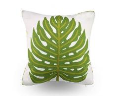 Hodeco Stickerei Dekorativer Überwurf Kissenbezug 45,7 x 45,7 cm Bodenkissenbezug für Couch Bett Zimmer Stuhl 100% Baumwolle Kissenbezug Überwurf Kissenbezug 45 x 45 cm bestickt 18x18 Inches Grüne Monstera Blätter