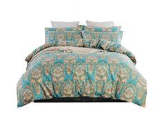 YIH Blauer Bettbezug für Kinder, 100% Baumwolle, 3-teiliges Bettwäscheset, Giraffe und Elefant, Bedruckt, weich und atmungsaktiv, mit Reißverschluss und Eckbändern Pillowcase blaugrün