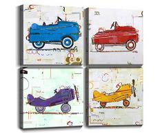 AIYISU Leinwandbild, nordischer Kinder-Stil, Kindermotiv, Rot und Blau, Violett, Gelb, kleines Flugzeug, Heimdekoration, gerahmt, 3-teilig und 4-teilig 12x12 4pcs Kids Toys