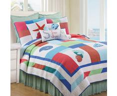 C&F Home Antigua Bay Bettwäsche-Set für alle Jahreszeiten, Übergröße, wendbar, Baumwolle, Tagesdecke, 2-teilig, mit Colorblock, Küstenstrand, nautisches Muster, Doppelbett, Koralle