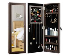 HollyHOME Spiegelschrank für Schmuck, abschließbar, Wandtür, zur Befestigung an Schmuck, Armoire mit voller Länge Spiegel, platzsparend, abschließbar, Braun