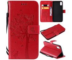 NOMO iPhone XR Hülle, iPhone XR Brieftaschen-Hülle, iPhone XR Flip Case PU Leder Prägung Baum Katze Blumen Folio Magnetischer Ständer Cover mit Kartenschlitzen für Apple iPhone XR (15,1 Zoll) 2018 Release rot