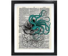 Susie Arts 8 x 10 Octopus gerahmt in Old Kinderwagen aus recycelten Vintage Wörterbuch Kunstdruck Umweltfreundlich Buch Art Print Home Decor Art Wand V037