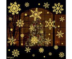 PASNOWFU Fensterkleber, Schneeflocke, 141 Stück, glitzernde Schneeflocken, PVC, Aufkleber für Neujahr, Weihnachten, Urlaub, Winter, Fensterdekoration, Verschiedene Größen Gold