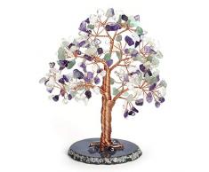 Jovivi 7 Chakra Amethyst Rosenquarz Kristall Geldbaum Natürliche Heilungs Geode Achat Scheiben Basis Bonsai Kristall Baum Ornament Feng Shui Dekoration für Reichtum und Glück 14 cm - 16 cm Amethyst + grüner Aventurin + Opalit