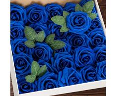 Higfra Künstliche Rosen, 25 Stück echt aussehende Schaumstoff-Rosen mit Stielblättern für DIY Dekoration Hochzeit Tischdeko Blumensträuße Kuchen Blumen königsblau