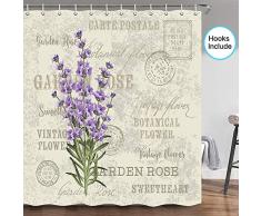 JAWO Lavendel-Duschvorhang, Vintage-Postkarte, rustikale Blumen, Blumenstrauß, Kräuter, Blätter, Violett, Beige, Lavendel, Duschvorhang-Set mit Haken, 177,8 cm