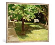 Gerahmtes Bild von Max Liebermann Gartenbank unter dem Kastanienbaum-Blühende Kastanien, Kunstdruck im hochwertigen handgefertigten Bilder-Rahmen, 100x70 cm, Silber Raya