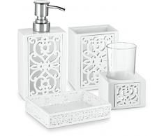 Dwellza Spiegel Janette Bad Accessoires Set, 4 Stück Bad Ensemble, Bad Set Collection Eigenschaften Seifenspender Pumpe, Zahnbürstenhalter, Becher, Seifenspender Tupfenmuster, Weiß