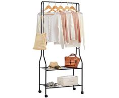 TOPNEW Kleiderständer, strapazierfähig, für gewerbliche Anlässe, Rollen, mit 2 Regalböden, 4 Haken für Büro, Zuhause, Chrom Schwarz
