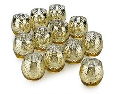 PARNOO Hurricane Silber Kerzenhalter Quecksilberglas für Votivkerzen und Teelicht 12er Set Gitter Gold