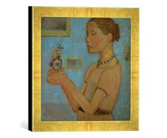 Gerahmtes Bild von Paula Modersohn-Becker Junges Mädchen mit gelben Blumen im Glas, Kunstdruck im hochwertigen handgefertigten Bilder-Rahmen, 30x30 cm, Gold Raya