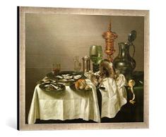Gerahmtes Bild von Willem Claesz. Heda Stilleben mit vergoldetem Pokal, Kunstdruck im hochwertigen handgefertigten Bilder-Rahmen, 70x50 cm, Silber Raya