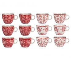 H&H Grace Set aus 12 Teetassen, Porzellan, Rot/Weiß, 230 ml
