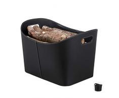 Relaxdays, schwarz Kaminholzkorb Kunstleder XL, Stabiler Feuerholzkorb mit Tragegriffen, für Brennholz & Zeitungen, oval