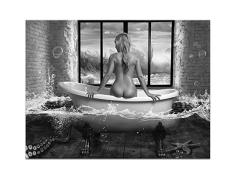 Visual Art Decor Wandbild auf Leinwand, Motiv Brunnen, Elegantes Mädchen, sitzend auf der Badewanne im Sonnenuntergang, Meereswelle 24x32 02 Grey