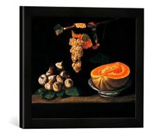 Gerahmtes Bild von Baltazar Gomes Figueira Stilleben mit Feigen, Weintraube und Melone, Kunstdruck im hochwertigen handgefertigten Bilder-Rahmen, 40x30 cm, Schwarz matt