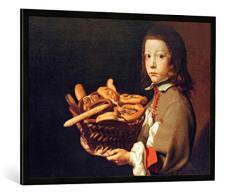 Gerahmtes Bild von Evaristo Baschenis Junge mit Korb voll Brot und Süßigkeiten, Kunstdruck im hochwertigen handgefertigten Bilder-Rahmen, 100x70 cm, Schwarz matt