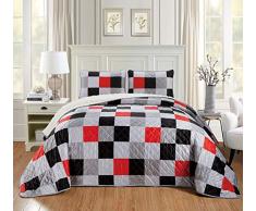 Chezmoi Collection Micromink Sherpa Wendebettwäsche, 3-teilig Modern Queen kariert rot