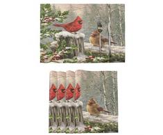 Wamika Winter Kardinal Birds Platzdeckchen Set von 6 Stechpalmenbeeren Schnee Tischmatten aus Jute, Weihnachtsdekoration, waschbar, rutschfest, hitzebeständig, Tischsets für Party, Küche, Esszimmer, 30,5 x 45,7 cm 4PCS Scharlachrot