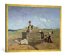 Gerahmtes Bild von Jean-Baptiste Camille Corot Bretonische Frauen am Brunnen, Kunstdruck im hochwertigen handgefertigten Bilder-Rahmen, 100x70 cm, Gold Raya