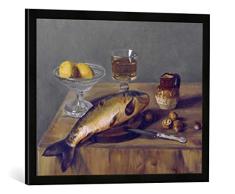 Gerahmtes Bild von Otto Scholderer Stilleben mit Zitronen auf einer Glasschale, Fisch, Walnüssen, Weinglas und Weinkrug, Kunstdruck im hochwertigen handgefertigten Bilder-Rahmen, 70x50 cm, Schwarz matt