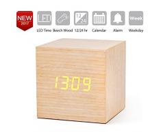 Würfel LED Digitale Wecker Modern Holz Wecker Tischuhr mit Datum/Woche/Temperatur Anzeige, 12/24 Stunde, Sound Control Schreibtisch Wecker für Heim und Büro, Alarm Clock mit USB Kabel mit Orange LED