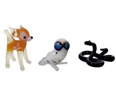 Set aus 3 winzigen Glasfiguren – REH, Eule, Schlange Tinies Sammlerstück, mundgeblasen