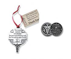 Just4fun Geschenkset für Krankenschwester, Zinn, Weihnachtsdekoration und Metall-Taschenmarken mit Geschenktasche, RN LPN CPN Nursing Student – Dankeschön Geschenk – Schleifenaufhänger