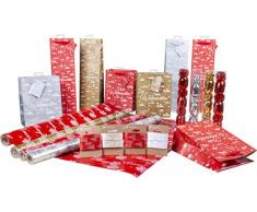 HEKU Geschenkeverpackungsset, 52-tlg., Merry X-Mas, bestehend aus 4 Rollen Geschenkpapier, 4 Flaschentaschen, 4 Geschenktaschen, 4 Geschenkbändern, 12 Eiknäulen und 24 selbstklebenden Minischleifen