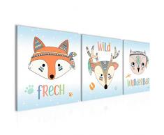 Bilder Kinderzimmer Tiere Wandbild 90 x 30 cm Vlies - Leinwand Bild XXL Format Wandbilder Wohnzimmer Wohnung Deko Kunstdrucke Blau 3 Teilig - MADE IN GERMANY - Fertig zum Aufhängen 019734b