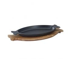 essenso Best emailierten Untersetzer Gusseisen Fischpfanne Servierplatte Bräter Ofen Oval Teller für Meeresfrüchte Tapas mit Holz Tablett, 24,1 cm