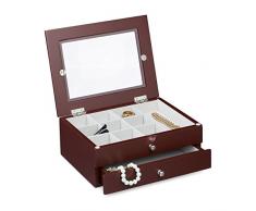 Relaxdays Schmuckkästchen mit 1 Schublade HxBxT: ca. 9 x 22 x 18 cm kleine Schatulle zur Schmuckaufbewahrung Schmuckbox mit Schubfach für Accessoires Schmuckkastenaus Holz mit Sichtfenster, rotbraun