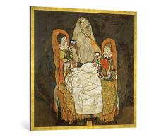 Gerahmtes Bild von Egon Schiele Mutter und Zwei Kinder III, Kunstdruck im hochwertigen handgefertigten Bilder-Rahmen, 100x100 cm, Gold Raya