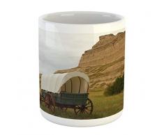 Ambesonne Nebraska Tasse, Landschaftsbild, Landschaftsbild, Vintage-Stil, mit Wagen und Felsformation, Bedruckte Keramik, Kaffeetasse, Wasser, Tee, Getränke, Mehrfarbig