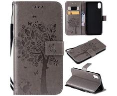 NOMO iPhone XS Max Hülle, iPhone XS Max Wallet Case, iPhone XS Max Flip Case PU Leder Prägung Baum Katze Blumen Folio Magnetischer Ständer Cover mit Kartenschlitzen für iPhone XS Max 16,5 Zoll (2018) grau