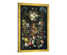 Gerahmtes Bild von Philippe de Marlier Die HL. Dorothea in einem Blumenkranz, Kunstdruck im hochwertigen handgefertigten Bilder-Rahmen, 60x80 cm, Gold Raya