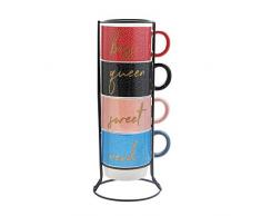 American Atelier 7262-5MRRB Keramik Mehrfarbig Tasse & Rack Set - 4 Tassen & Stehen Metall Rack für Küche Theke, Tischplatte, Insel oder Café Display - Geschenk für Tee & Kaffeeliebhaber, 14 oz, Text