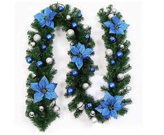 Uheng Weihnachtsgirlande mit Borsten, Zapfen, roten Beeren, Kugeln, Blumen, grünem Kranz, Weihnachtsdekoration für Kamin, Treppe, Wandtür, 2,74 m blau