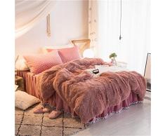 MooWoo Plüsch Zottel-Bettwäsche-Set, 1 Samt Flanell Bettbezug + 1 Gesteppte Rüschen Bettlaken Rock + 2 Pompoms Fransen Kissenbezug mit Reißverschluss, 4 Stück Queen Rosa (Tea Rose)