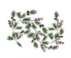 Supla Künstliche rustikale künstliche rustikale, schneebedeckte Kiefernadel mit roten Beeren Clustern, Mini-Tannenzapfen, Girlande, Weihnachtsgirlande, zum Aufhängen, Draht, Weinrebe, Urlaub, Winter, Innen- und Außendekoration, 152 cm