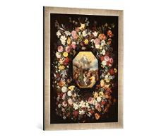 Gerahmtes Bild von Jan Brueghel der Jüngere Himmelfahrt Mariä in einem Blumenkranz, Kunstdruck im hochwertigen handgefertigten Bilder-Rahmen, 50x70 cm, Silber Raya